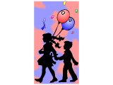 Boy and girl walking holding balloons